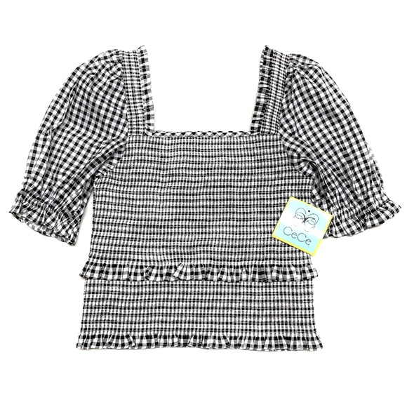 New CeCe black gingham smocked crop top - Picture 2 of 7